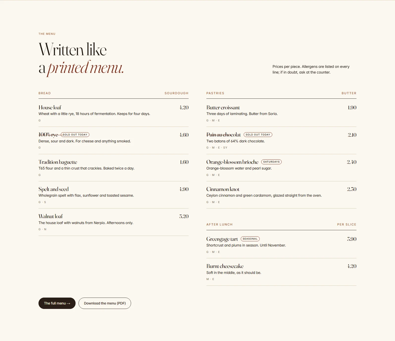 Fournil, menu section