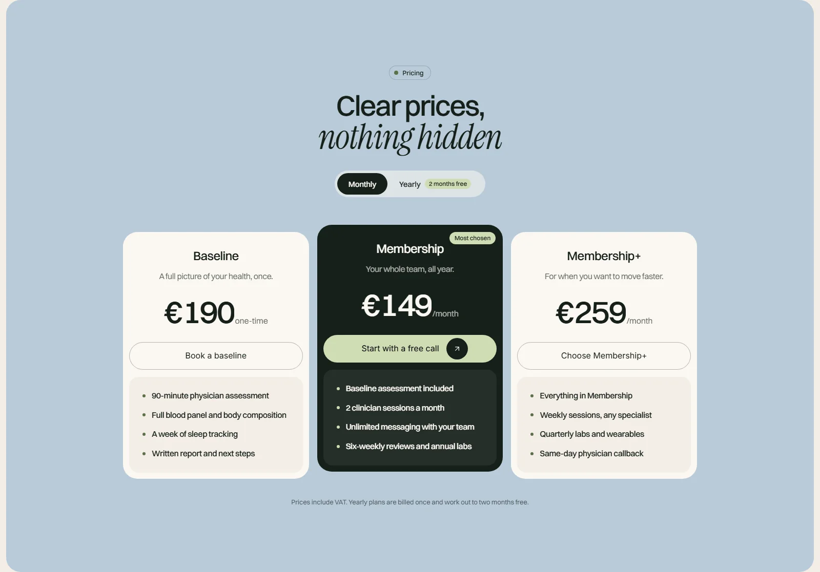Kinwell, pricing section
