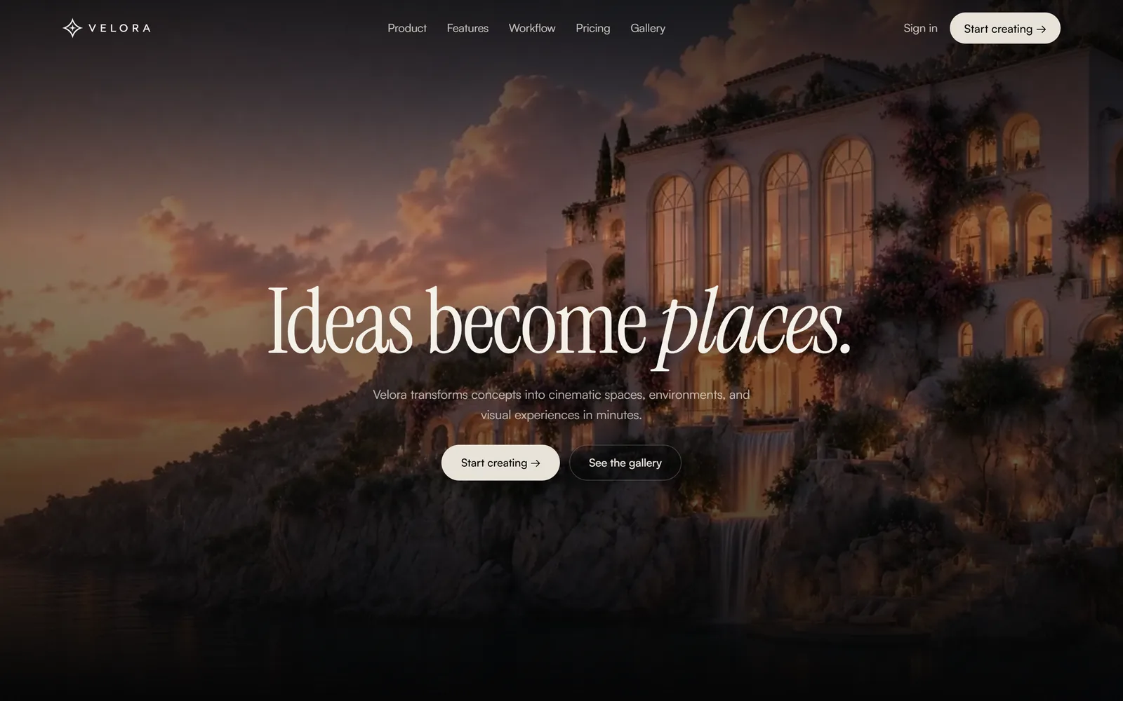 Velora home page, first screen